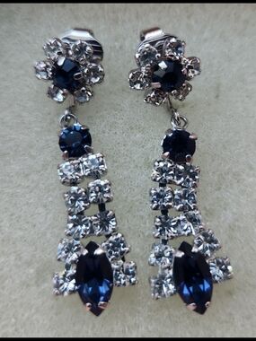 Vintage Sherman Blue Rhinestone Clip-on Drop Earrings Signed